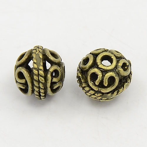 PandaHall Filigree Beads, Brass, Antique Bronze Color, about 9mm in diameter, 8mm thick, hole: 1.5mm Brass Round