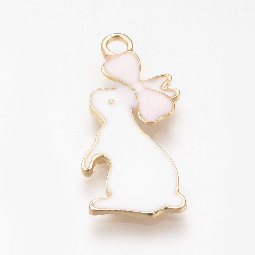 PandaHall Alloy Enamel Pendants, Rabbit with Bowknot, Ivory, 28x14x3mm, Hole: 2.5mm Alloy+Enamel Rabbit Ivory