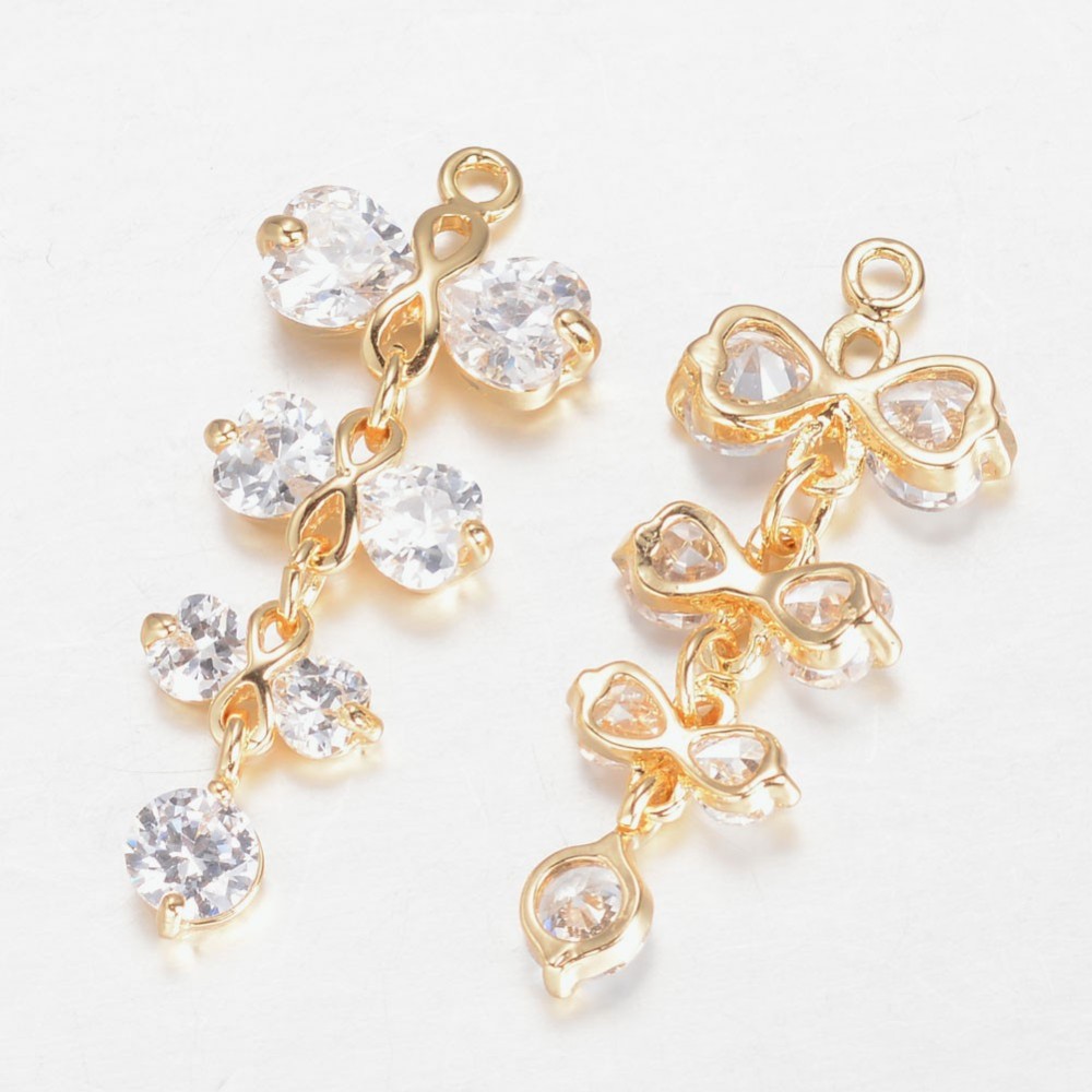 PandaHall Brass Cubic Zirconia Pendants, Flower, Golden, 35x14x4mm, Hole: 1mm Brass+Cubic Zirconia Flower Clear