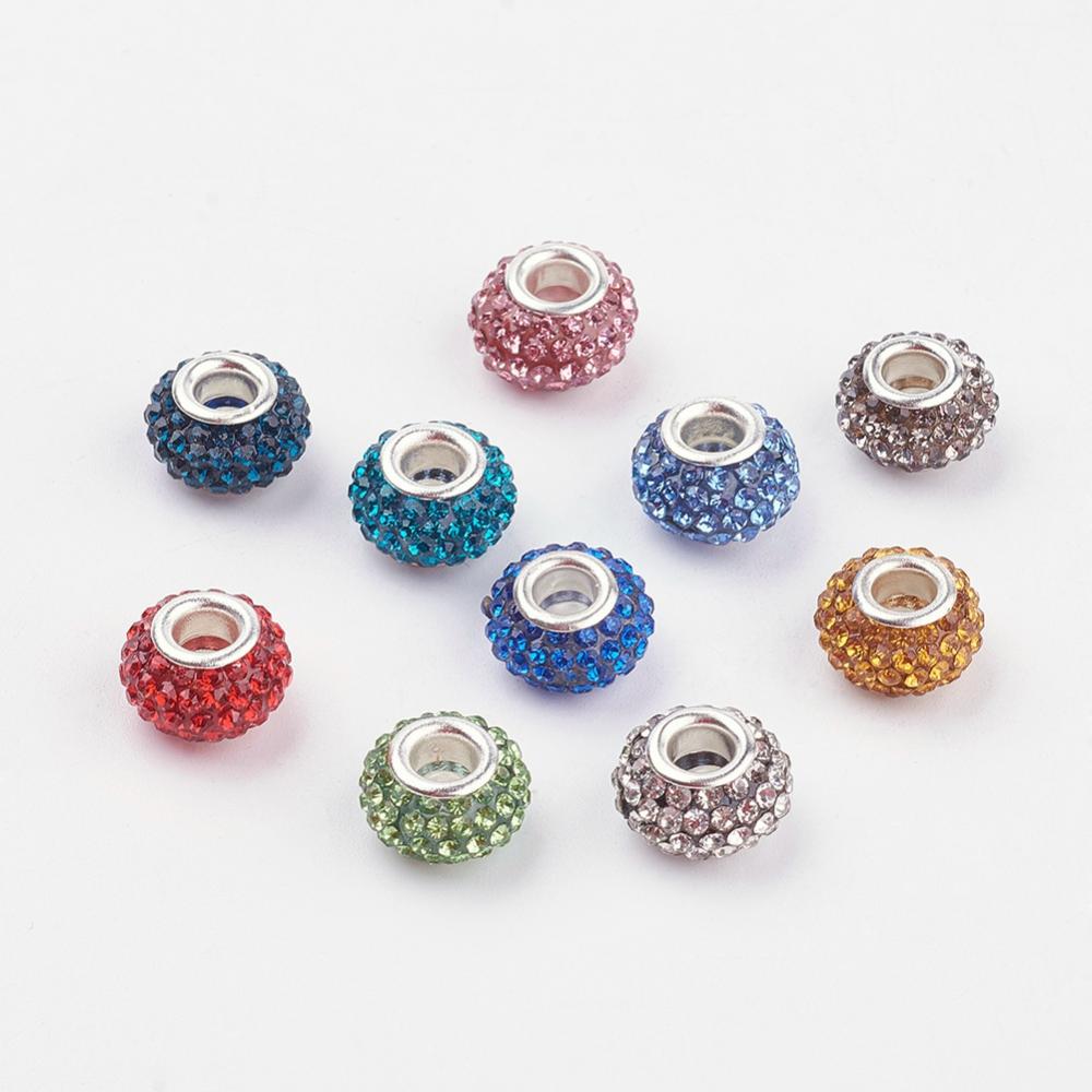 PandaHall Grade A Rhinestone European Beads, Large Hole Beads, Resin, with Silver Color Brass Core, Rondelle, Mixed Color, 12x8mm, Hole: 4mm...