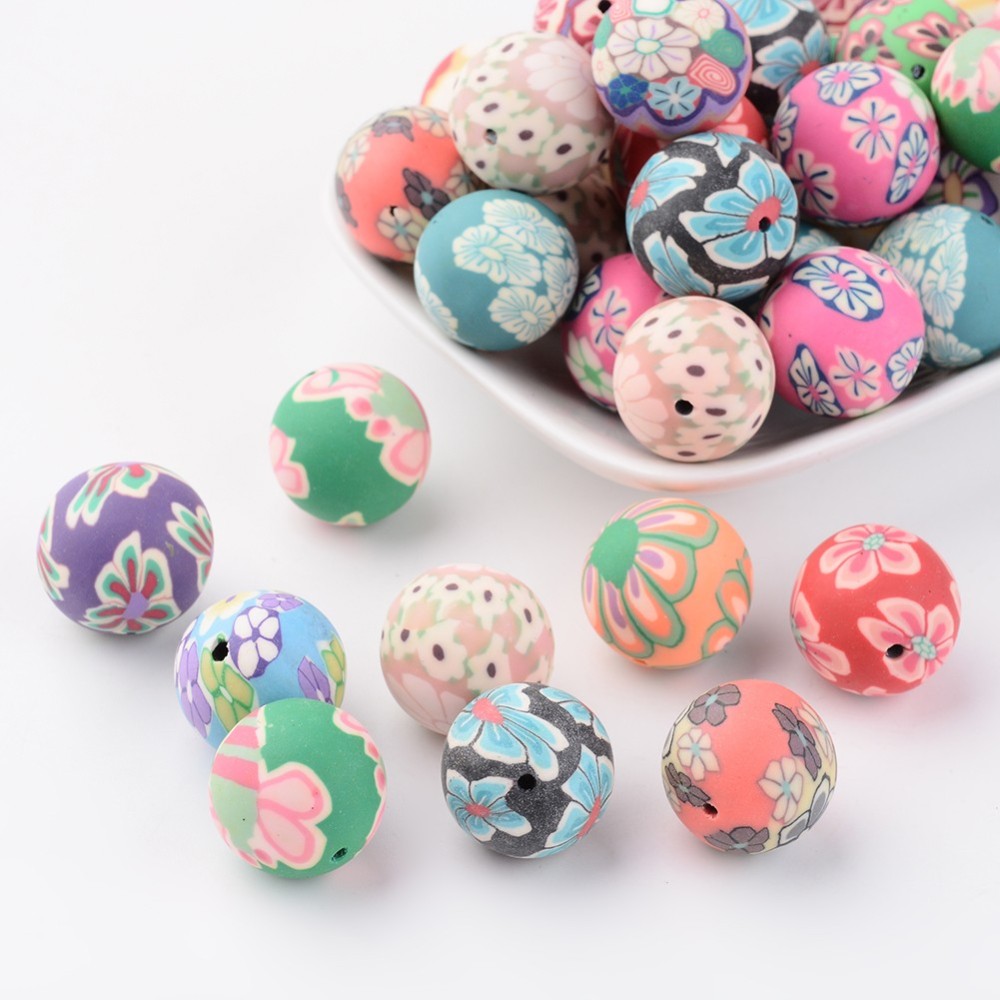 PandaHall Handmade Polymer Clay Beads, Round, Mixed Color, about 18mm in diameter, hole: 2mm Polymer Clay Round Multicolor
