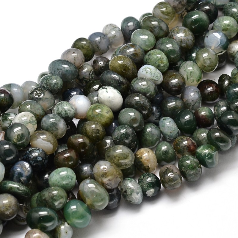 PandaHall Natural Moss Agate Gemstone Nuggets Bead Strands,  6~10x9~12x8~10mm, Hole: 1mm; about 15.3"~15.7" Moss Agate Nuggets