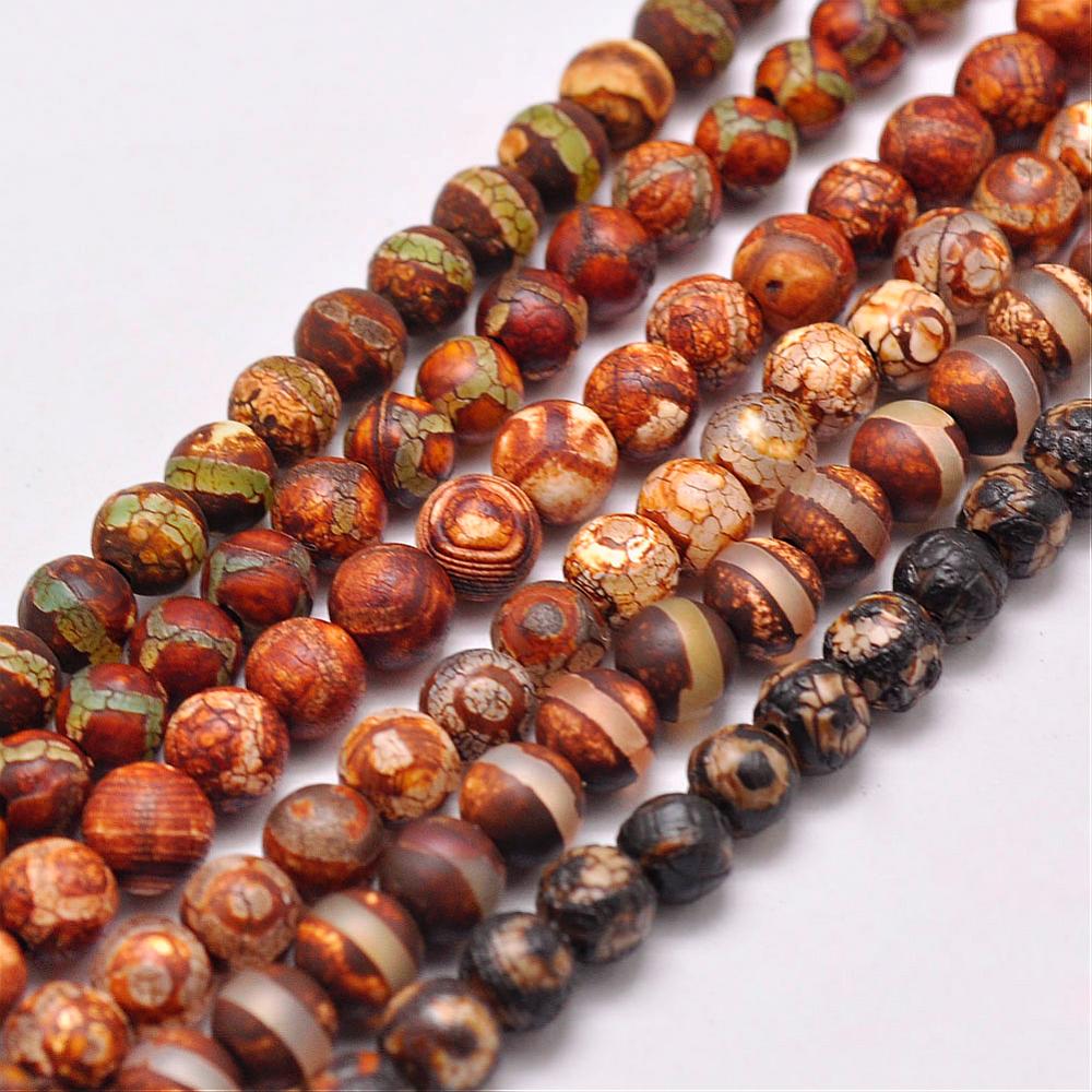 PandaHall Natural Tibetan Style dZi Beads Strands, Dyed & Heated, Round, about 6mm, Hole: 2mm; about 65pcs/strand, 6.9" Tibetan Agate Round
