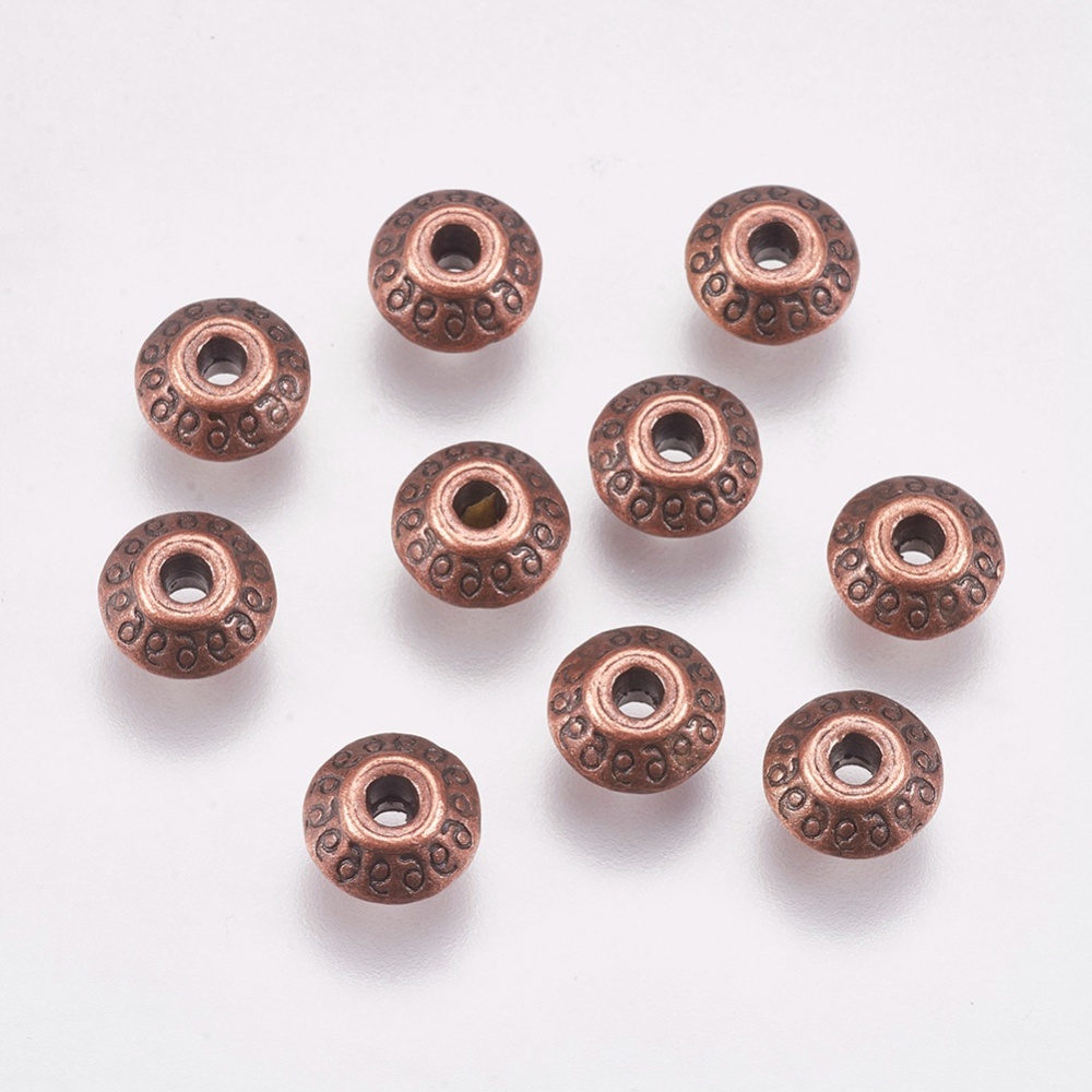 PandaHall Tibetan Style Beads, Lead Free & Nickel Free & Cadmium Free, Bicone, Red Copper Color, about 7mm long, 7mm wide, 4.5mm thick, hole...