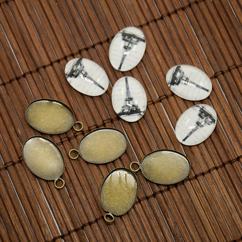 PandaHall 13x18mm Oval Tempered Glass Cabochons and Antique Bronze Brass Pendant Settings for Eiffel Tower Pendant Making, Nickel Free...