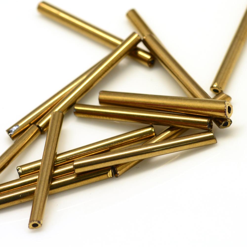 PandaHall Plated Glass Bugle Beads, Tube, Golden Plated, 12x2.5mm, Hole: 0.5mm Glass