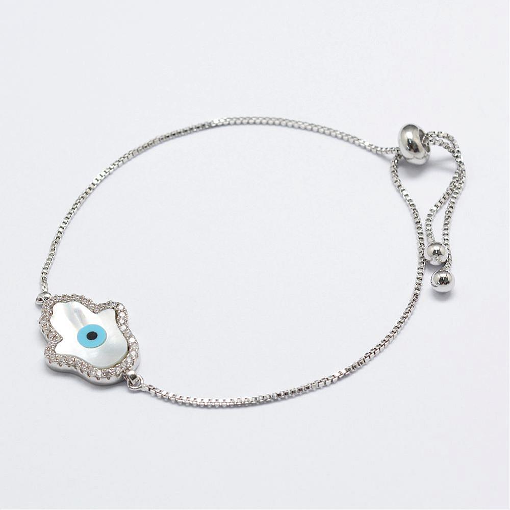 PandaHall Brass Micro Pave Cubic Zirconia Link Bracelets, with Natural Shell and Enamel, Hamsa Hand/Hand of Fatima/Hand of Miriam, Platinum...