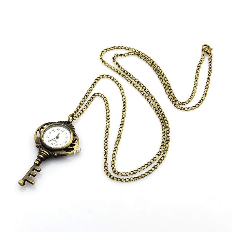 PandaHall Alloy Key Pendant Necklace Quartz Pocket Watch, with Iron Chains and Lobster Claw Clasps, Antique Bronze, 30.7" long, Watch Head...