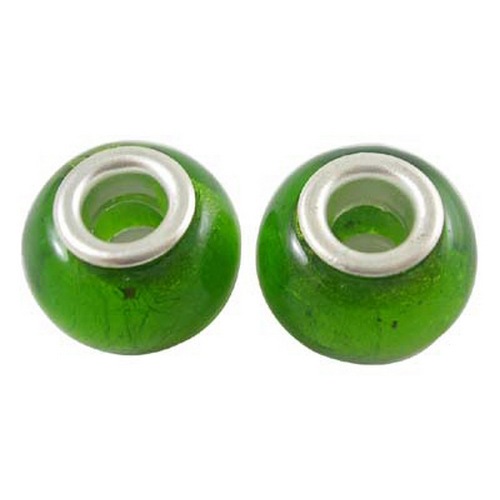 PandaHall Yellowgreen Handmade European Rondelle Beads, Silver Foil Glass, Silver Color Brass Core, about 14mm wide, 11mm long, hole: 5mm...