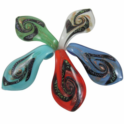 PandaHall Handmade Dichroic Glass Big Pendants, with Gold Sand, Leaf, Mixed Color, 60x32mm, Hole: 8mm Dichroic Glass Leaf Multicolor