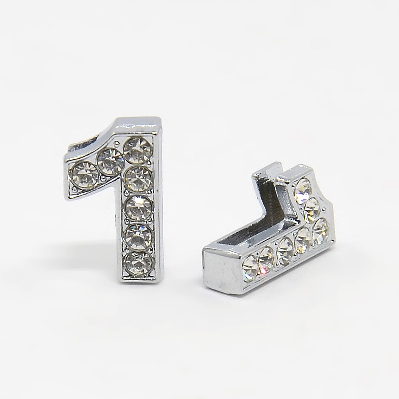 PandaHall Rhinestone Beads, Brass, Number 1, Silver, about 6mm wide, 11mm long, 5mm thick, hole: about 7x1mm Brass+Rhinestone Silver