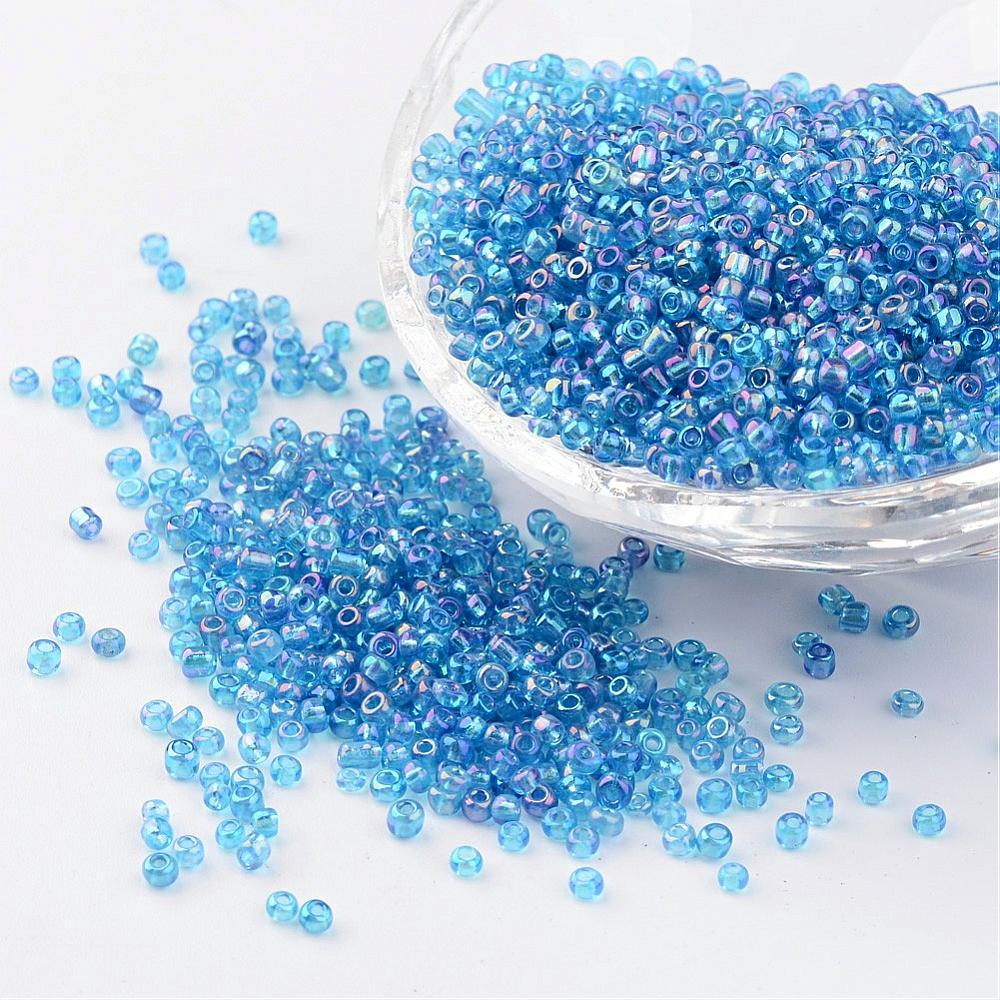 PandaHall Round Trans. Colors Rainbow Glass Seed Beads, DarkTurquoise, Size: about 2mm in diameter, hole:1mm; about 3306pcs/50g Glass Cyan