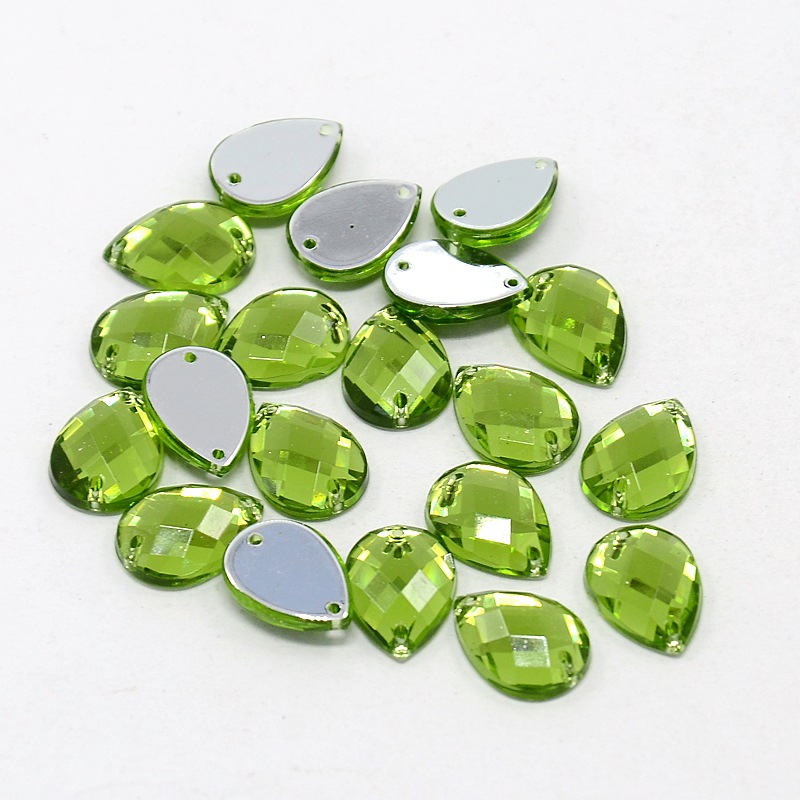 PandaHall Sew on Rhinestone, Taiwan Acrylic Rhinestone, Two Holes, Garments Accessories, GreenYellow, Drop, about 10mm wide, 14mm long, 4mm...