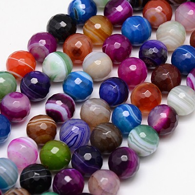 PandaHall Natural Striped Agate/Banded Agate Beads Strands, Faceted, Dyed, Round, Mixed Color, 12mm, Hole: 1.2mm Banded Agate Round...