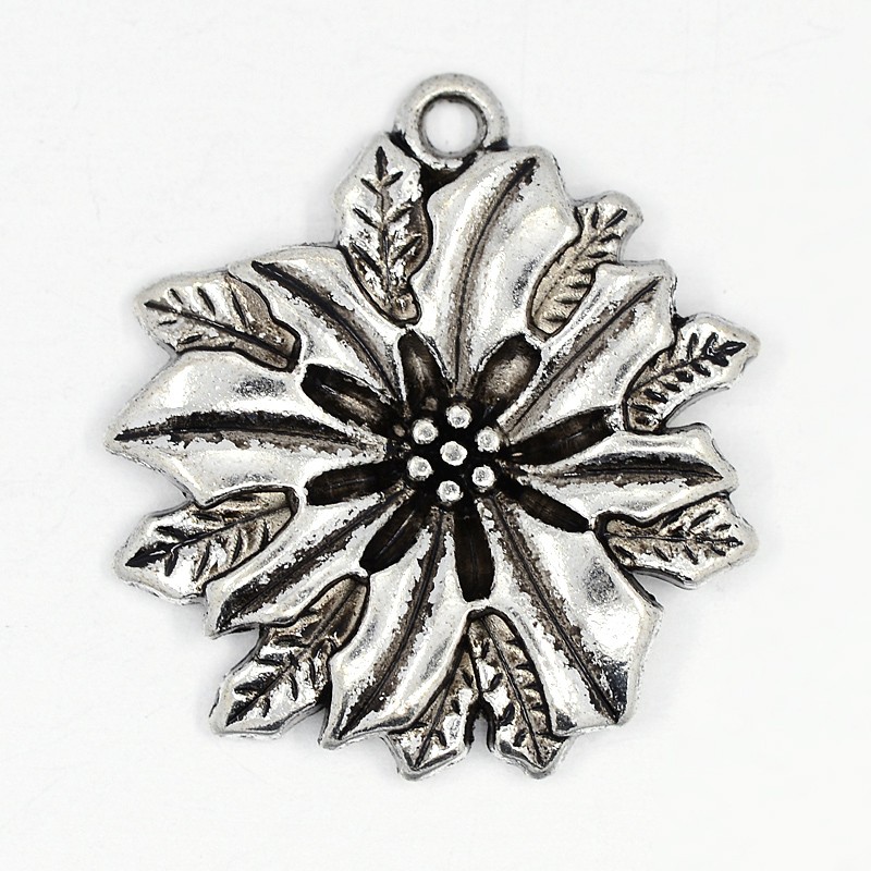PandaHall Flower Alloy Poinsettia for Christmas Pendants, Lead Free & Cadmium Free, Antique Silver, 21x19x3mm, Hole: 1.5mm Alloy Flower
