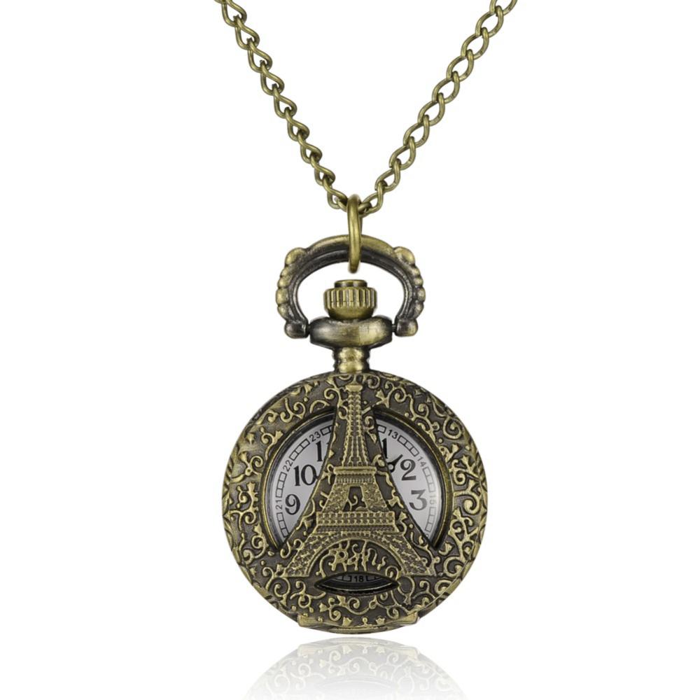 PandaHall Flat Round with Eiffel Tower Alloy Quartz Pocket Watches, with Iron Chains and Lobster Claw Clasps, Antique Bronze, 31.4"; Watch...