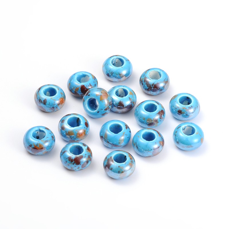 PandaHall Handmade Porcelain Ceramic Beads, Pearlized, Rondelle, DodgerBlue, 15x10mm, Hole: 6mm Porcelain Rondelle Blue