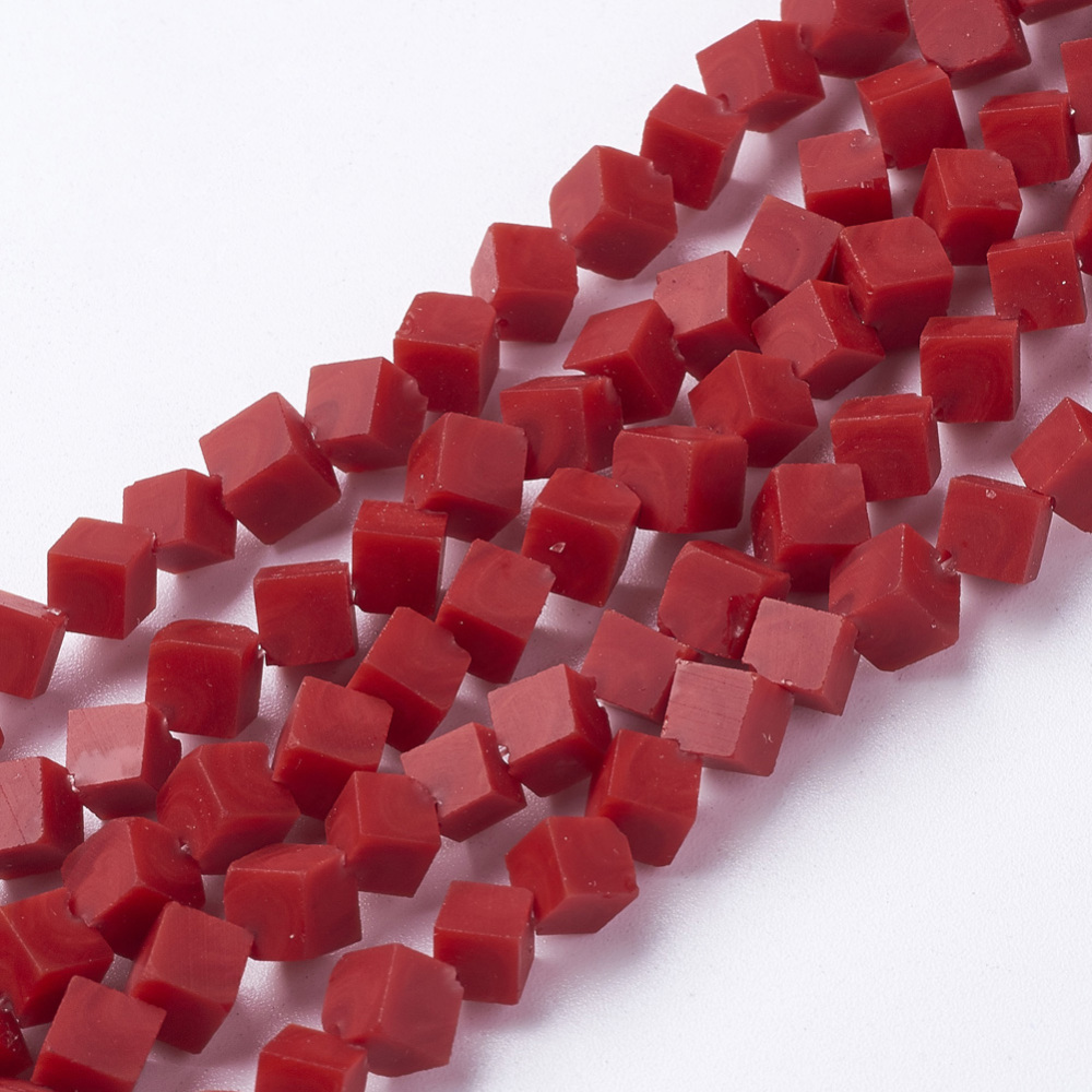 PandaHall Glass Beads Strands, Imitation Jade, Dyed, Cube, Red, 5~5.5x5~5.5x5~5.5mm, Hole: 1mm; about 49~50pcs/strand, 12.2"~12.5" Glass...