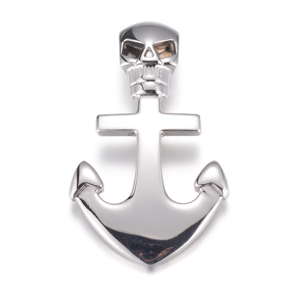 PandaHall 304 Stainless Steel Hook Clasps, For Leather Cord Bracelets Making, Anchor with Skull, Stainless Steel Color, 44x26.5x9.5mm, Hole...