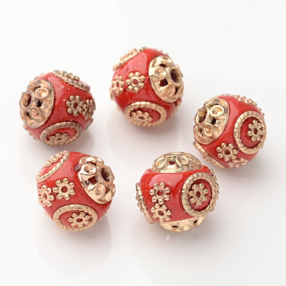 PandaHall 5PCS DIY Findings Round Handmade Indonesia Beads, with Alloy Cores, Red, 14~15x15mm, Hole: 2mm Polymer Clay Round Red