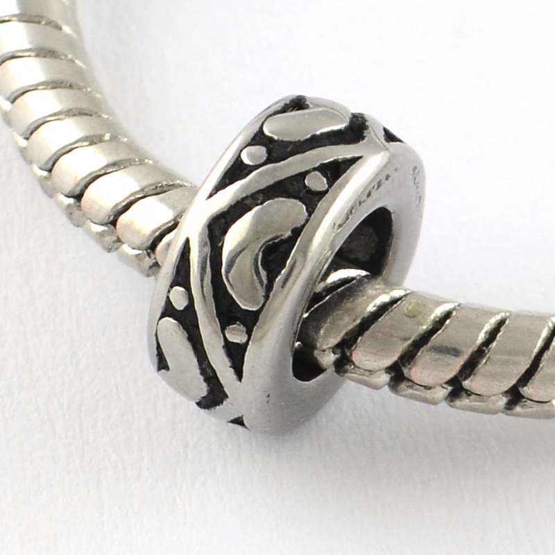 PandaHall Vintage Donut 316 Stainless Steel European Bead, Large Hole Beads, Antique Silver, 9x4mm, Hole: 5mm Stainless Steel Donut