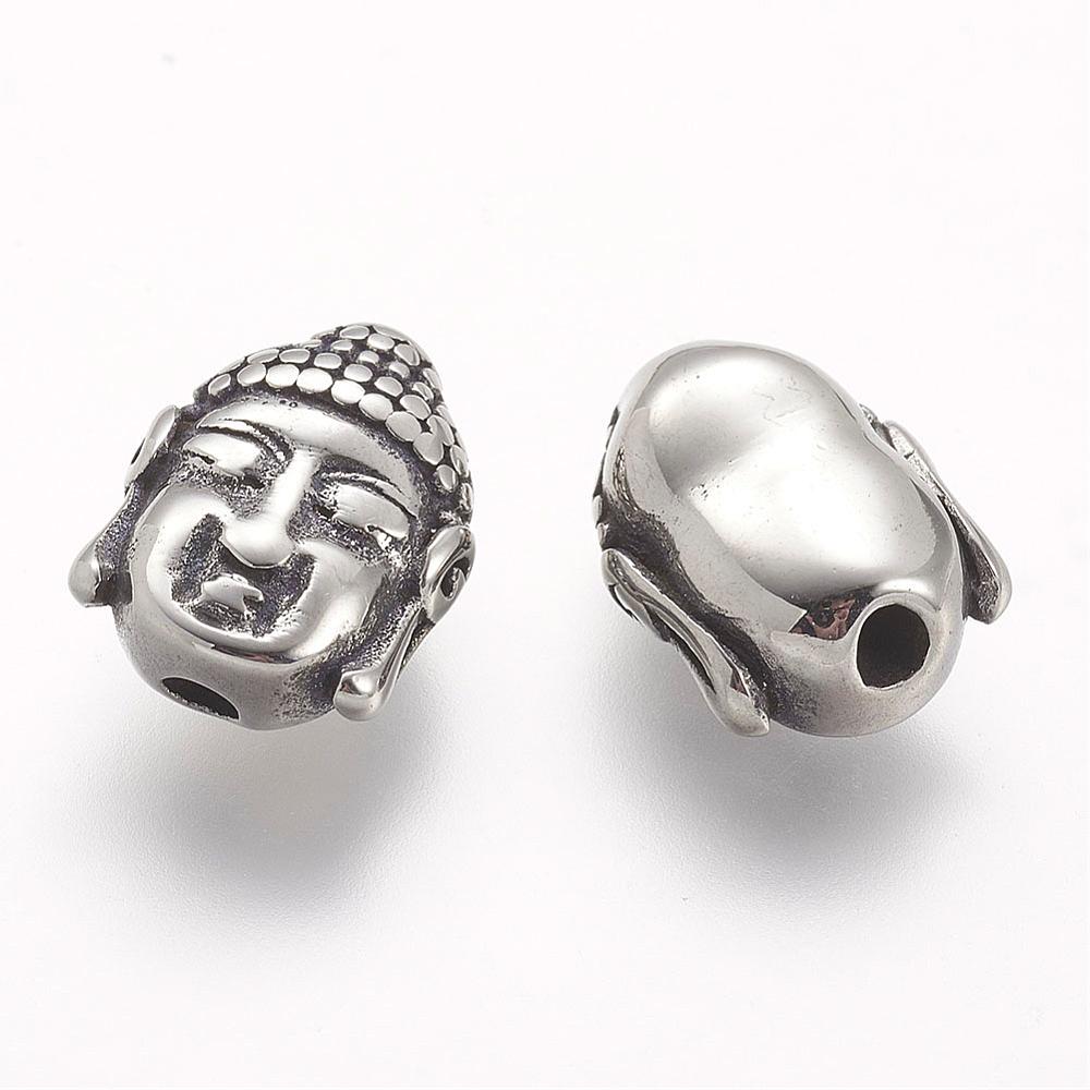 PandaHall 304 Stainless Steel Beads, Buddha Head, Antique Silver, 14x11x6.5mm, Hole: 2.5mm Stainless Steel Human