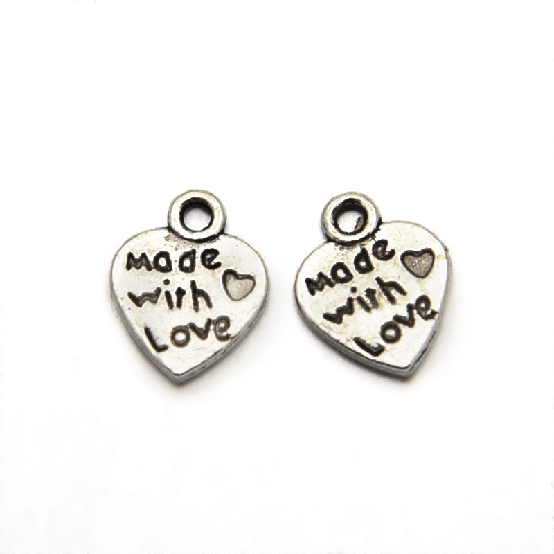 PandaHall Tibetan Style Alloy Heart Carved Word Made with Love Charms for Gift Package, Antique Silver, 12x10x1.5mm, Hole: 1mm Alloy Heart