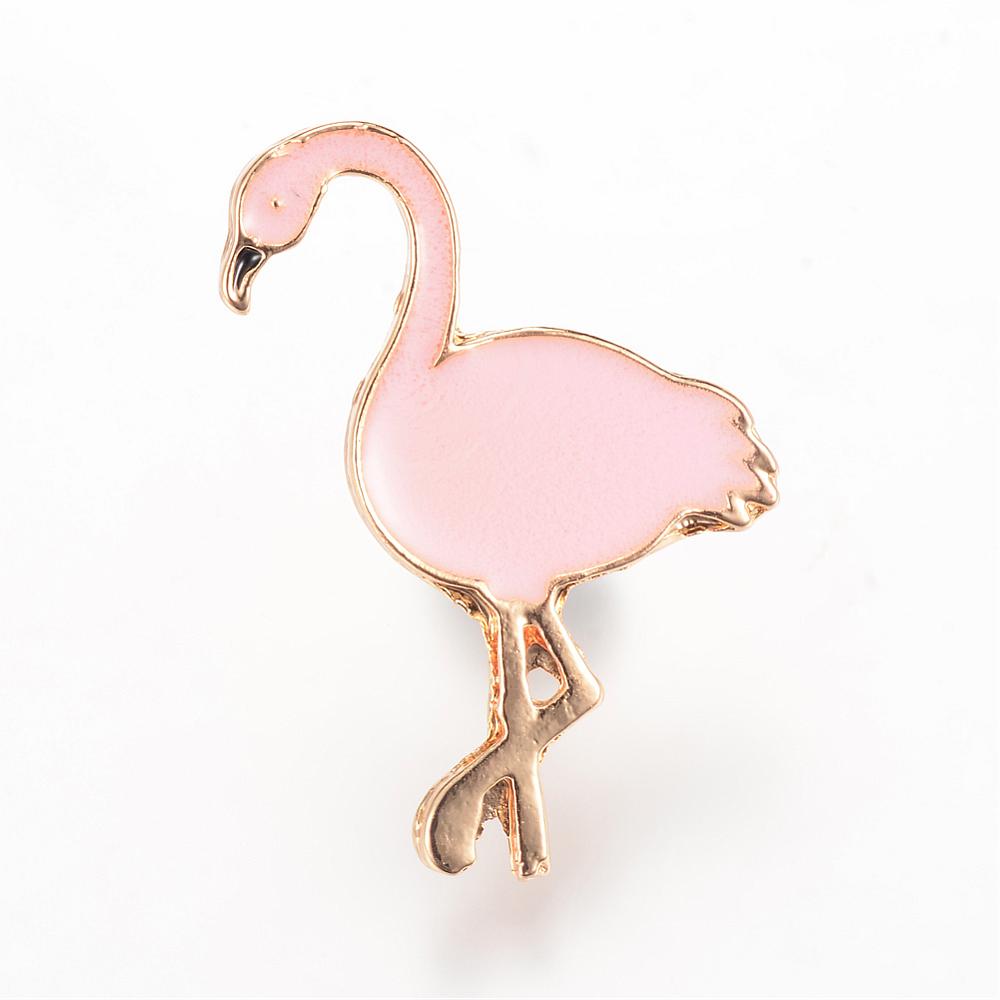 PandaHall Alloy Enamel Brooches, with Brass Finding, Flamingo Shape, Light Gold, Pink, 30x18mm; Pin: 1.2mm Alloy Pink