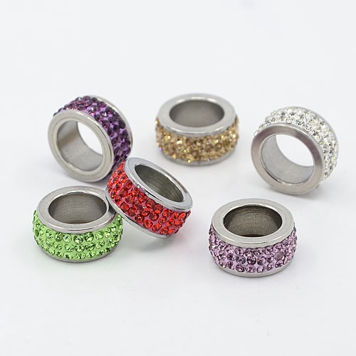 PandaHall 304 Stainless Steel Column Beads, with Polymer Clay Rhinestone, Stainless Steel Metal Color, Mixed Color, 13x6mm, Hole: 8mm...