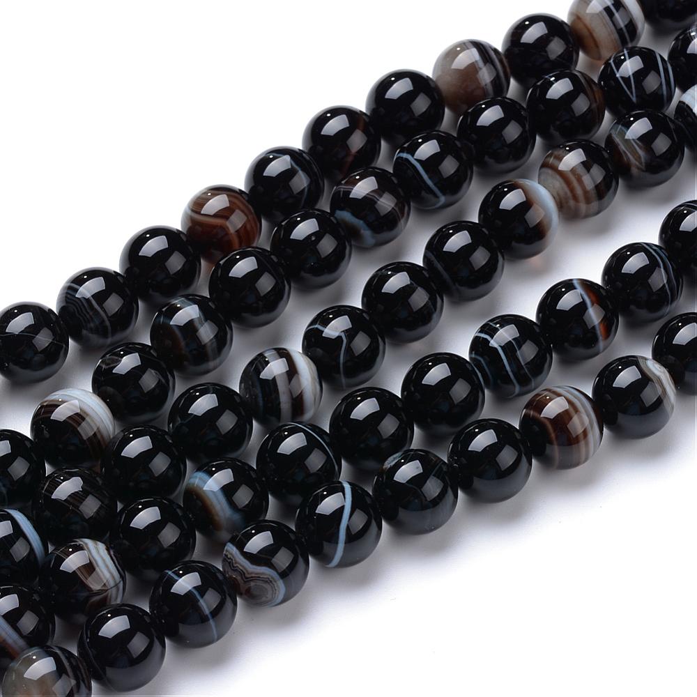PandaHall Natural Striped Agate/Banded Agate Bead Strands, Dyed, Round, Black, 8mm, Hole: 1mm; about 50pcs/strand, 15.7" Banded Agate Round...