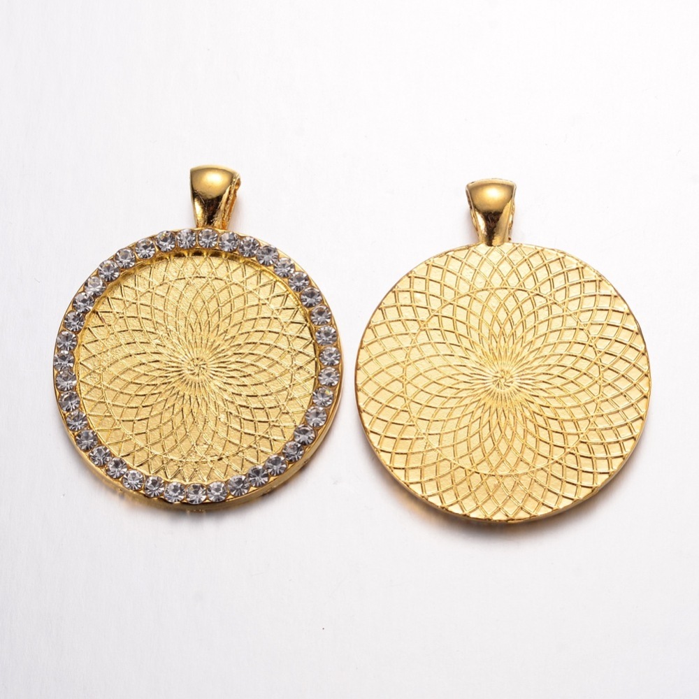 PandaHall Alloy Pendant Cabochon Settings, with Rhinestones, Flat Round, Golden, Tray: 30mm; 45x34x3mm, Hole: 7x4mm Alloy+Rhinestone Flat...