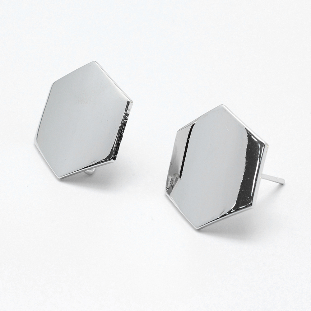 PandaHall Brass Stud Earring Findings, Long-Lasting Plated, Real Platinum Plated, Nickel Free, Hexagon, Platinum, 16.5x18.5x1mm, Hole: 2mm;...