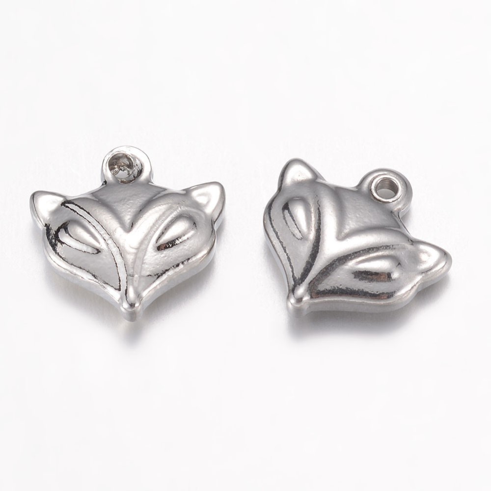 PandaHall 304 Stainless Steel Charms, Fox Head, Stainless Steel Color, 11x12x3.5mm, Hole: 1mm Stainless Steel Fox