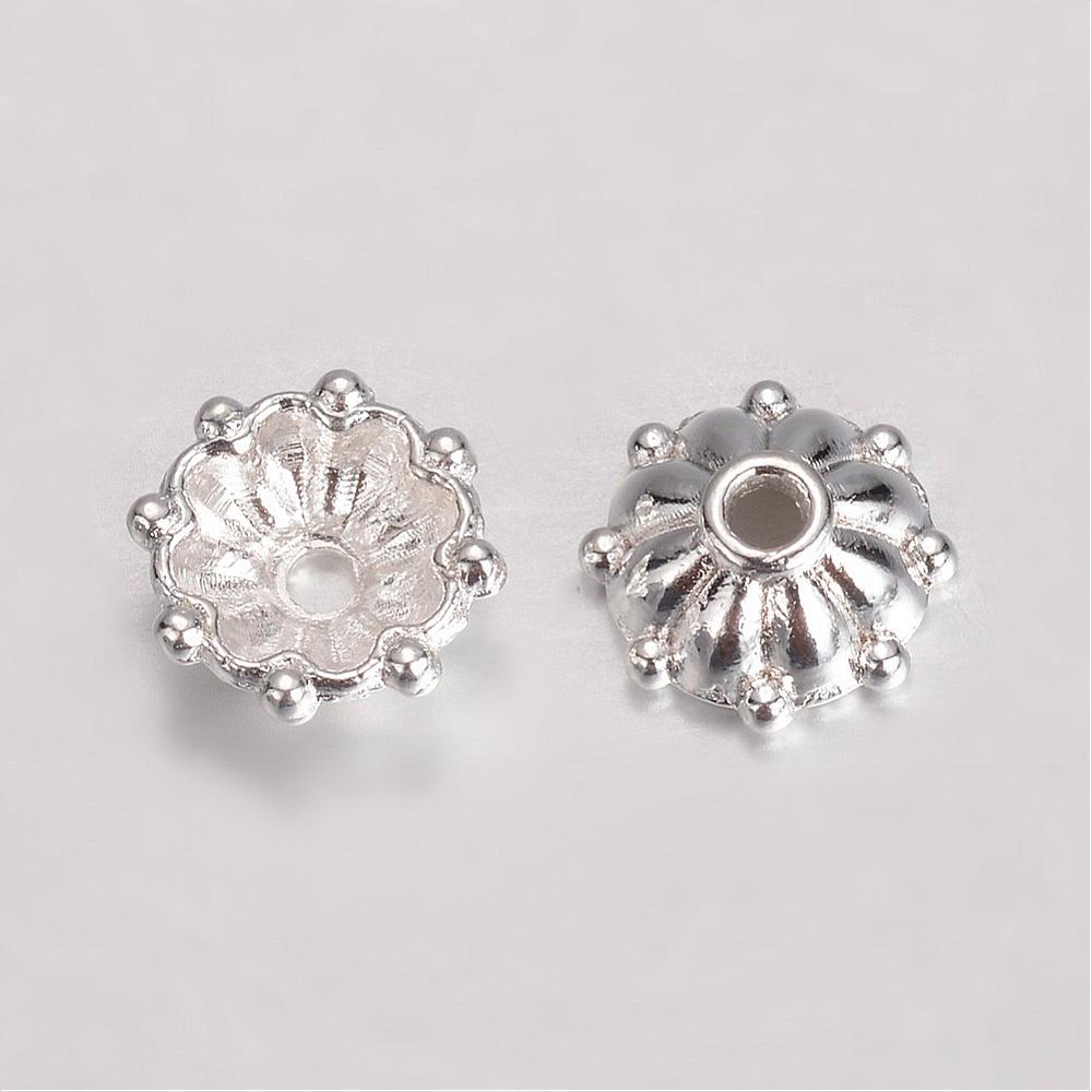 PandaHall Alloy Bead Caps, More-Petal Flower, Silver, 8x3mm, Hole: 1mm Alloy Silver