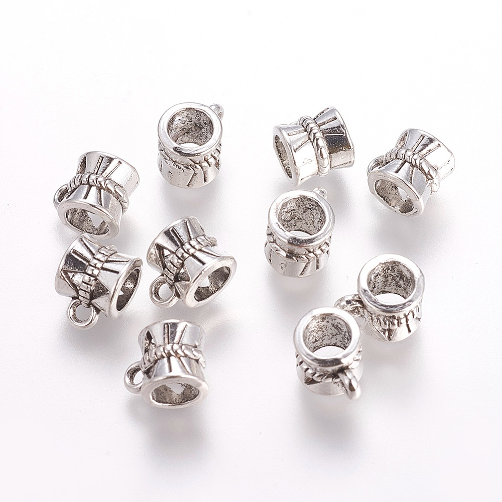 PandaHall Lead Free & Cadmium Free Antique Silver Tibetan Style Barrel Hanger Links, Bail Beads, 10x7x7mm, Hole: 1mm, Big Hole: 4mm Alloy...