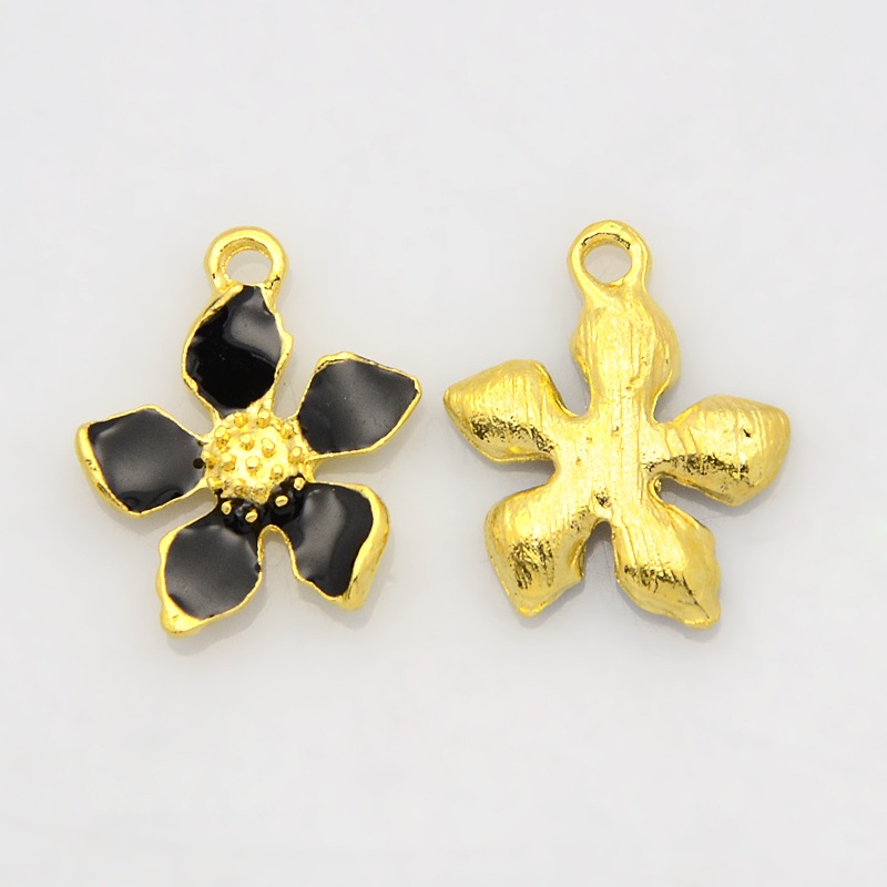 PandaHall Golden Tone Alloy Enamel Pendants, Flower, Black, 20x17x3mm, Hole: 2mm Alloy+Enamel Flower Black