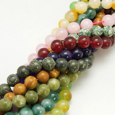 PandaHall Natural Gemstone and Dyed Jade Beads Strands, Round, Mixed Color, 14mm, Hole: 1mm Mixed Stone Round Multicolor