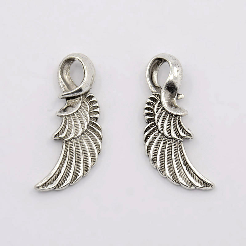 PandaHall Alloy Pendants, Feather, Antique Silver, Lead Free and Cadmium Free, 32x11x3mm, Hole: 7mm Alloy Wing