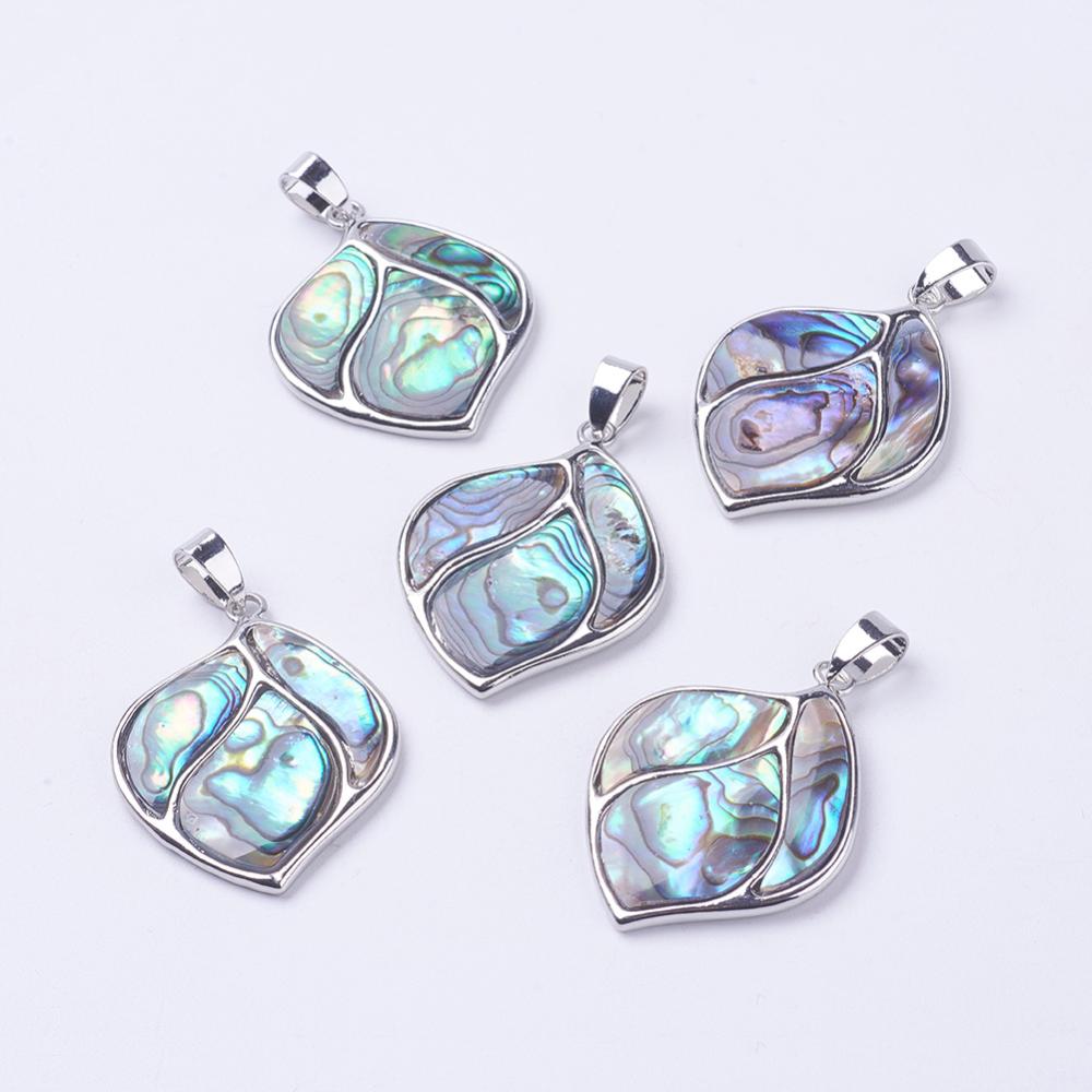 PandaHall Abalone/Paua Shell Pendants, with Brass Findings, Peach, Platinum, 37x28.5x3mm, Hole: 4x7mm Paua Shell Fruit