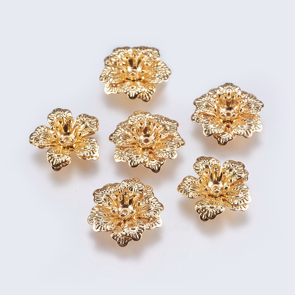 PandaHall 5-Petal Brass Bead Caps, Flower, Real Gold Plated, 14x5mm, Hole: 1mm Brass