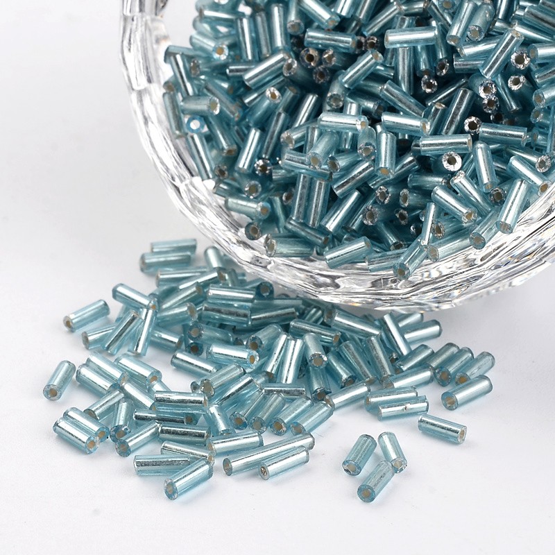 PandaHall Tube Silver Lined Round Hole Glass Bugle Beads, LightSeaGreen, 4.6~5x1.8~2mm, Hole: 0.8mm; about 12000pcs/450g Glass Green