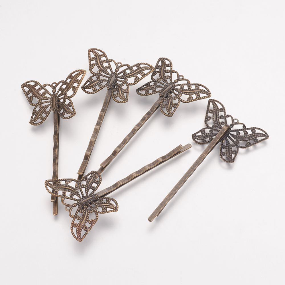 PandaHall Brass Hair Bobby Pin Findings, Butterfly, Antique Bronze, 2x55x2mm, Tray: 30x22x1mm Brass