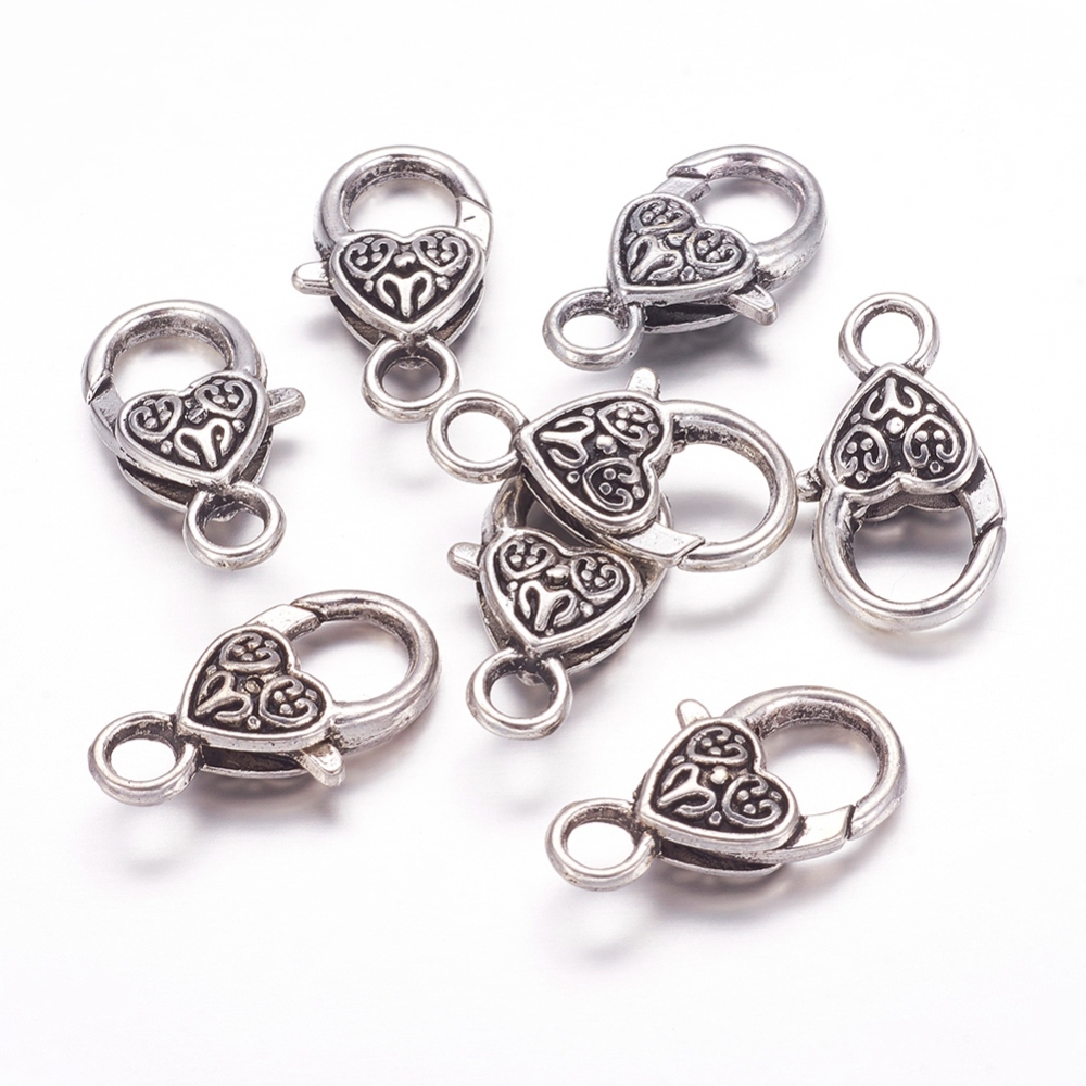 PandaHall Tibetan Style Heart Lobster Claw Clasps, Lead Free and Cadmium Free, Antique Silver, about 25.5mm long, 14mm wide, 6mm thick, hole...