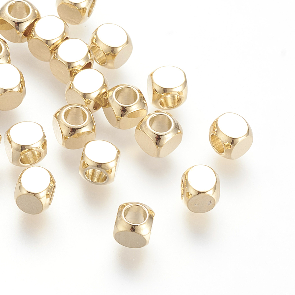 PandaHall Brass Bead Spacers, Real Gold Plated, Cube, 5x5mm, Hole: 3mm Brass Cube