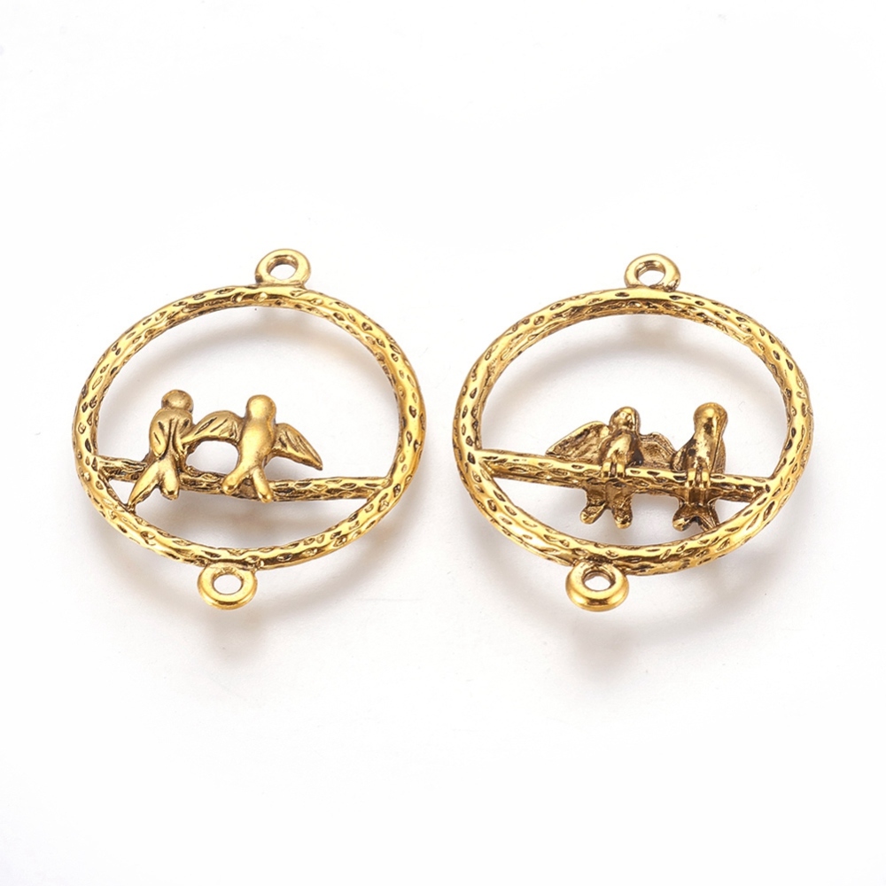 PandaHall Tibetan Style Connectors, Lead Free and Cadmium Free, Ring with Birds, Antique Golden, 34x28x4mm, Hole: 1.5mm Alloy Bird