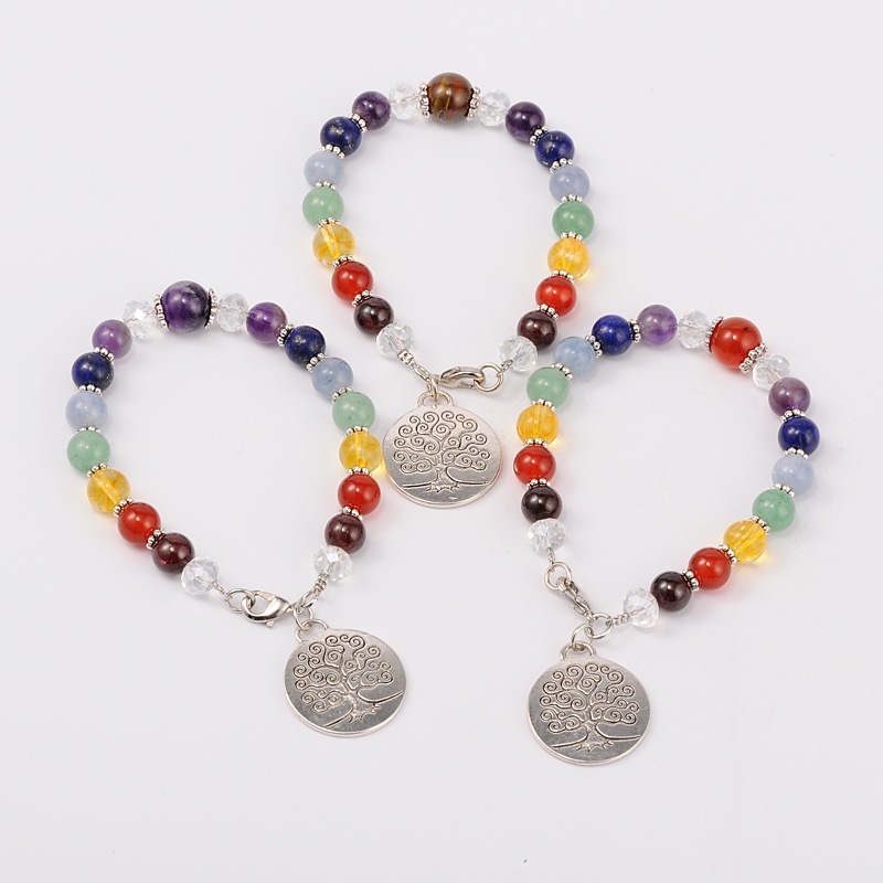 PandaHall Multi-Color Gemstone Chakra Charm Bracelets, with Tibetan Style Tree of Life Pendant, Glass Beads, Tibetan Style Spacers and Brass...