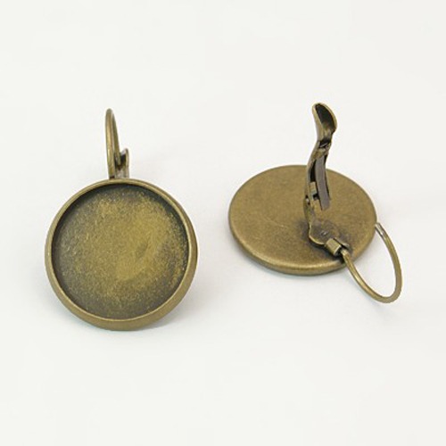 PandaHall Antique Bronze Brass Bezel Leverback Earring Findings for Cabochons, Lead Free and Cadmium Free, 25x18mm; Round Tray: 16mm Brass