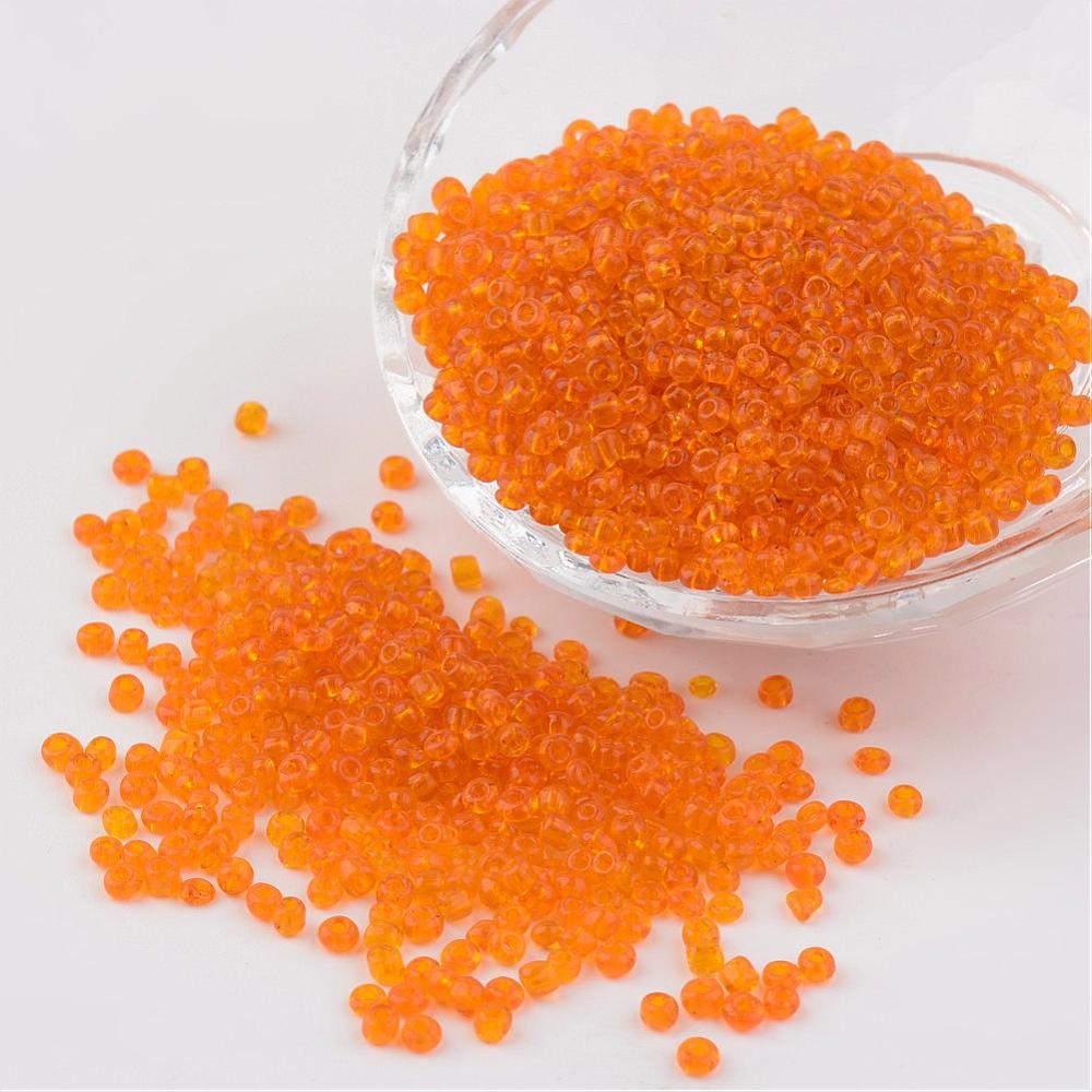 PandaHall 8/0 Glass Seed Beads, Transparent, Round, Orange, 3mm, Hole: 1mm; about 1097pcs/50g Glass Orange