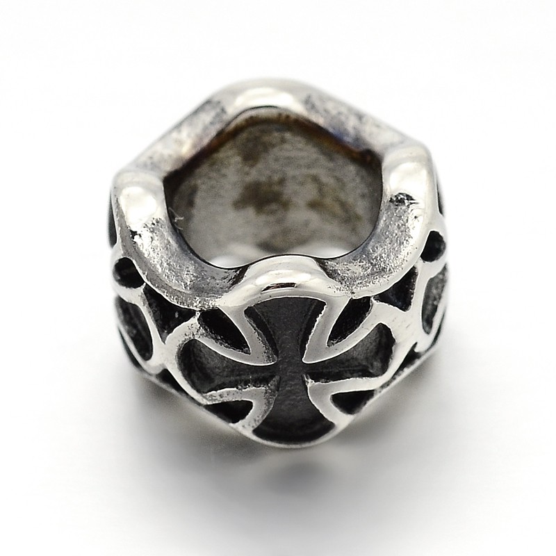 PandaHall Retro 304 Stainless Steel Big Hole Rondelle Carved Cross Beads, Antique Silver, 7x11mm, Hole: 6mm Stainless Steel Rondelle