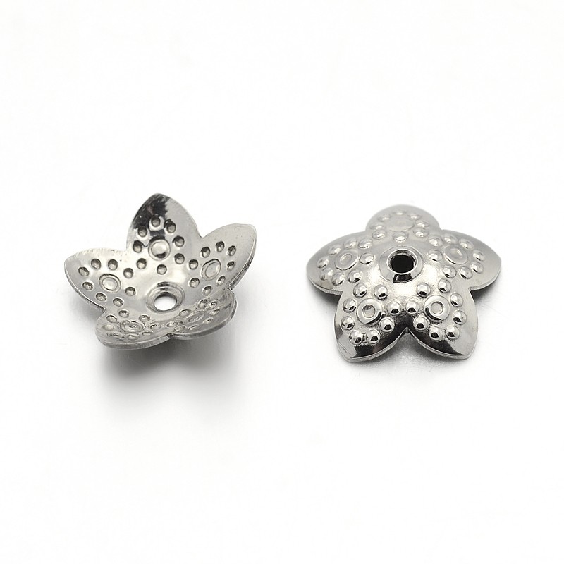 PandaHall 5-Petal 304 Stainless Steel Flower Bead Caps, Stainless Steel Color, 10x3mm, Hole: 1mm Stainless Steel